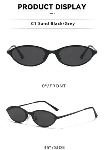 Detail view showing front and side angles of retro slim cat-eye sunglasses in sand black.