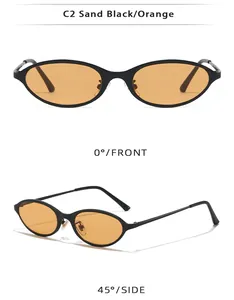 Front and side views of chic 90s retro narrow cat-eye sunglasses with orange lenses