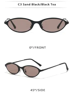 Detailed front and 45-degree side views of retro black narrow cat eye sunglasses