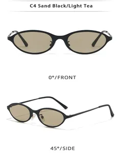 Detailed front and side angles of chic 90s style narrow cat-eye sunglasses in sand black