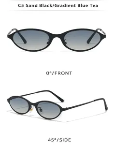 Vintage chic cat eye sunglasses with narrow frame shown from front and side view angles.