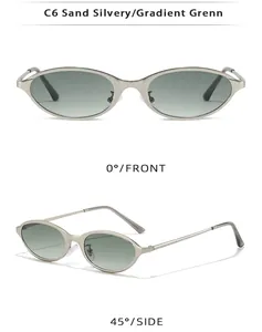 Multi-angle view of vintage narrow oval sunglasses showing the sand silvery frame and green lenses