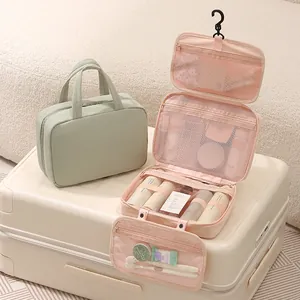 Large capacity Taslon hanging travel toiletry bag with multi-compartments in pastel colors.