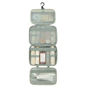 Large capacity hanging three-fold toiletry organizer with hook for travel and home