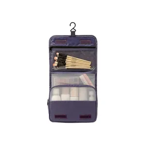 Beauty case da viaggio viola da appendere con tasche organizer in rete trasparente