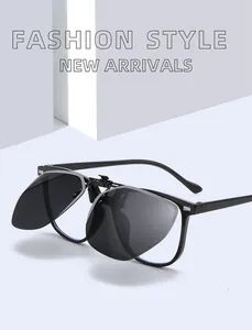 Detailed view of black flip-up polarized clip-on sunglasses attached to frames