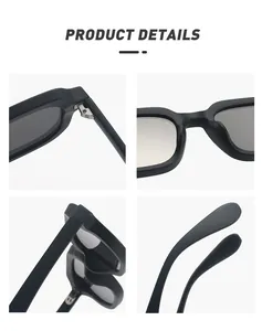 Vistas detalladas de gafas de sol cuadradas retro negras que muestran bisagras y patillas