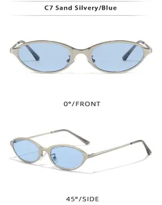 Detailed front and side views of retro narrow cat-eye sunglasses with blue lenses.