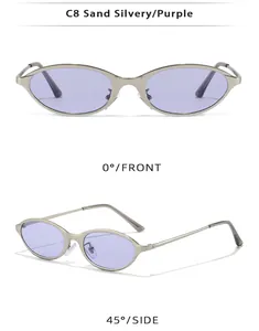Front and 45-degree side views of silver narrow frame sunglasses with purple lenses