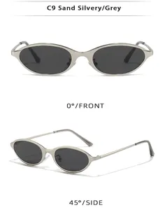 Front and side views of vintage sand silvery oval sunglasses with grey lenses