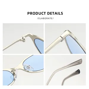 Detailed views of vintage cat eye sunglasses with narrow frame and blue lenses