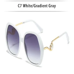 Nahaufnahme einer weißen Sonnenbrille mit grauen Verlaufsgläsern und Goldperlenbügeln.