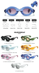 Detail sheet of trendy frog-eye sunglasses showing specifications and color variants