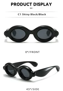 Detail view of glossy black bubble frame sunglasses shown from front and side angles.