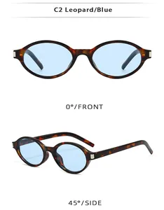 Lunettes de soleil ovales rétro à monture léopard et verres bleus avec décor en métal
