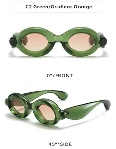 Detailed front and side views of chunky green oval sunglasses with gradient orange lenses