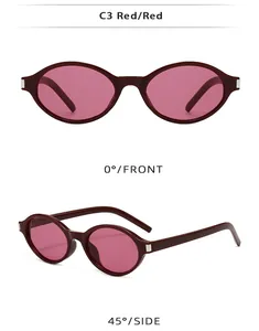 Lunettes de soleil rouges ovales rétro pour femmes avec détails en métal carrés argentés.