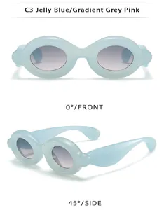 Front and side views of jelly blue chunky bubble sunglasses with gradient pink lenses