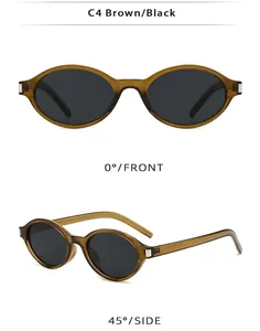 Vue détaillée de lunettes de soleil ovales rétro marron et noir, angles face et profil.