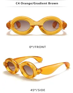 Detailed view of orange bubble frame sunglasses featuring gradient brown lenses from multiple angles