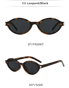 Vues détaillées de face et de côté de lunettes de soleil ovales rétro imprimé léopard.