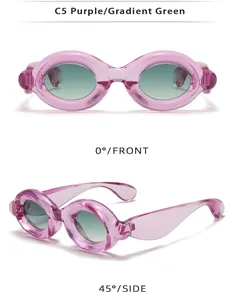 Detailed view of purple bubble-style frog-eye sunglasses with gradient green lenses