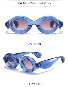 Front and 45-degree side views of blue bubble frame sunglasses with gradient grey lenses