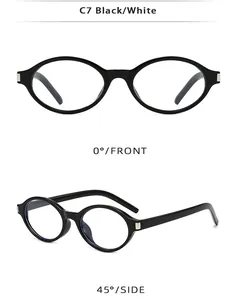 Détail de lunettes de soleil ovales noires rétro avec décors en métal carrés.