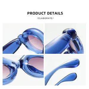 Detail collage of trendy blue bubble sunglasses with purple lenses in frog eye style