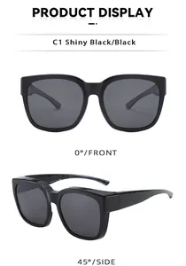 Detail showing 0° front and 45° side views of classic shiny black polarized sunglasses