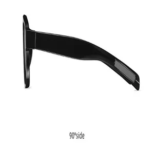 Side profile detail of sleek black men's sunglasses featuring wide temple design