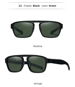 Detail views of stylish double bridge sunglasses with black frame and green lens