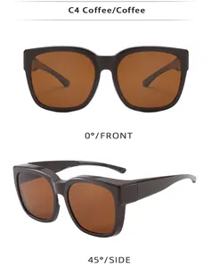 Coffee polarized over-glasses sunglasses shown from front and 45-degree side views.