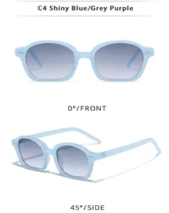 Vistas frontal y lateral de gafas de sol ovales azul brillante con lentes degradadas