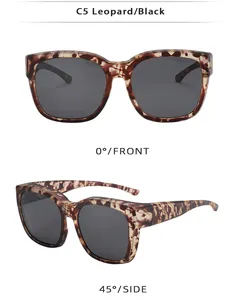 Detailed views of leopard print polarized sunglasses from front and side angles.
