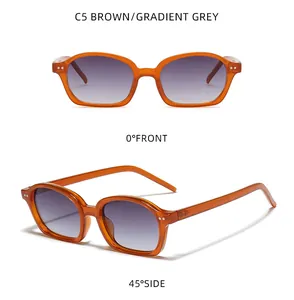Gafas de sol ovaladas naranjas con lentes degradadas grises en vistas frontal y lateral