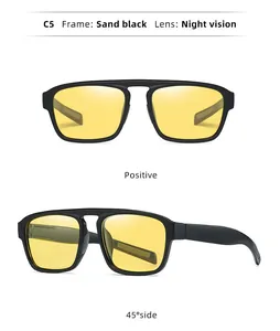Square night vision sunglasses with sand black double-bridge frame and yellow lenses.