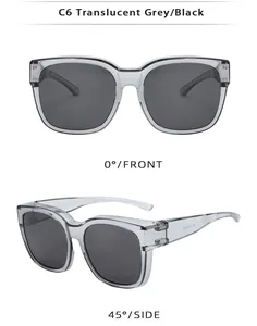 Detail view of translucent grey fit-over polarized sunglasses at front and side angles