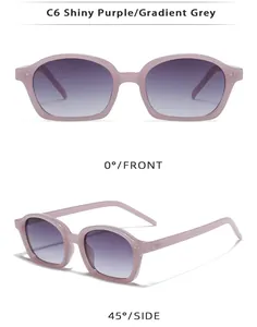 Vistas frontal y lateral de gafas de sol ovaladas moradas con lentes grises degradadas