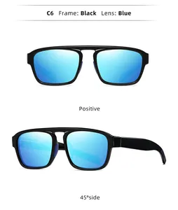 Detail view of men's double bridge sunglasses with black frame and blue lenses.