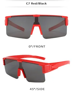 Front and 45-degree side view of red sports sunglasses with dark polarized lenses