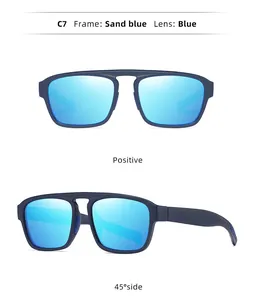 Detail view of sand blue double-bridge sunglasses with reflective blue lenses