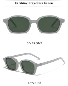 Vistas frontal y lateral de gafas de sol ovales en gris brillante y verde oscuro