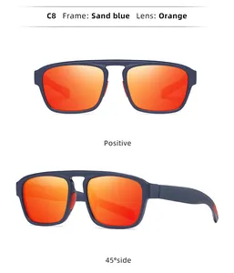 Detailed views of men's double bridge sunglasses with sand blue frame and orange lenses