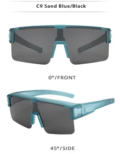 Detail view of sand blue cycling polarized sunglasses showing front and side angles
