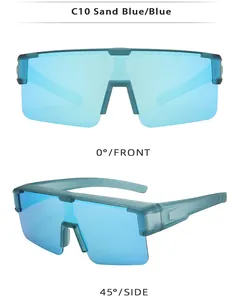 Front and 45-degree side views of blue polarized cycling sunglasses with TR frame