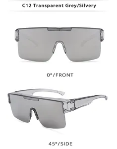 Occhiali da sole oversize grigio trasparente con vista frontale e laterale di dettaglio