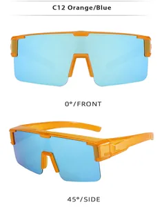 Ultralight orange TR cycling sunglasses with blue polarized lenses, front and side views.