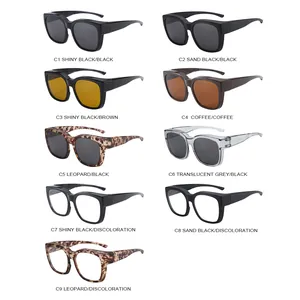 Trendy TR90 polarized over-glasses sunglasses in various frame colors for men and women.