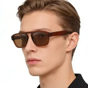 Stylish men's double-bridge sunglasses in amber with brown lenses for UV protection.